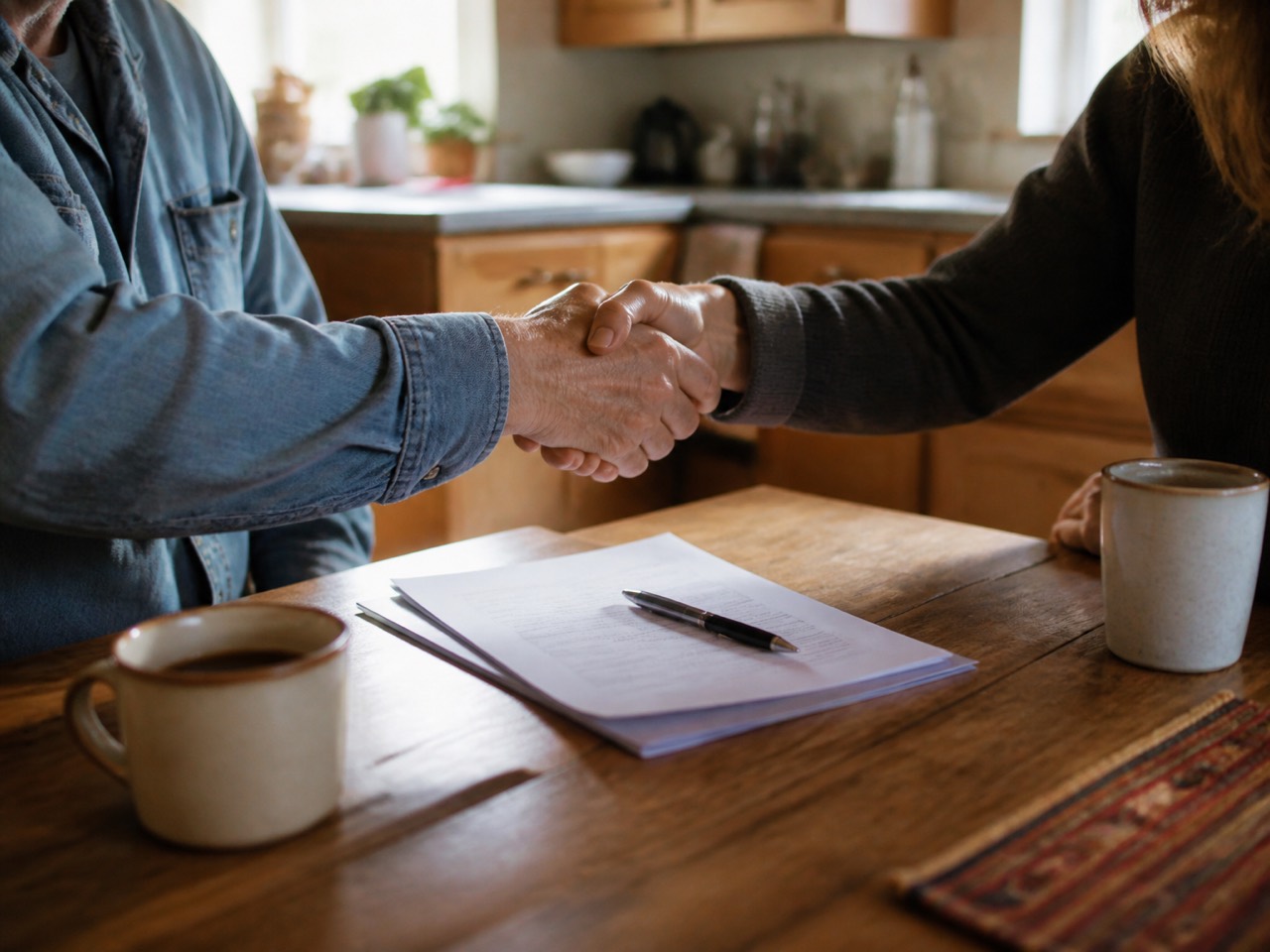 Handshake over a signed contract at a kitchen table